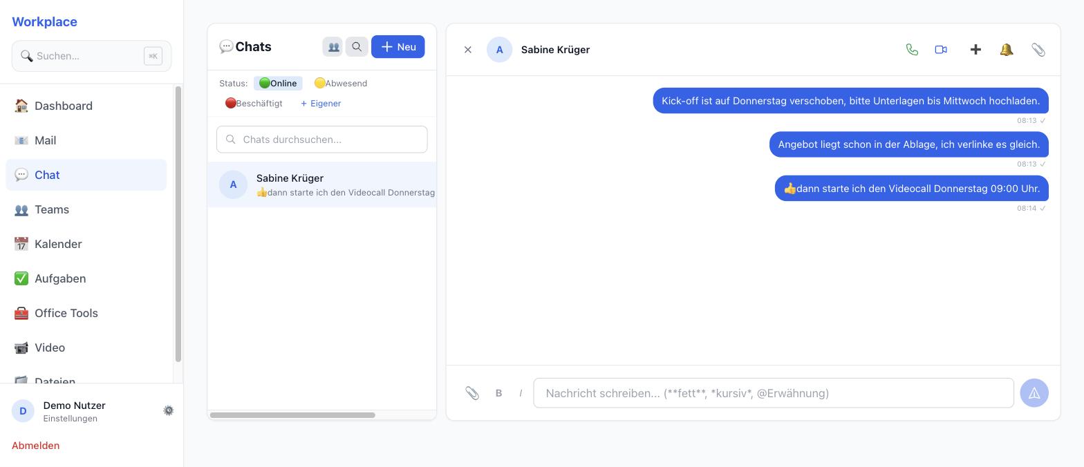 Coventis Chat-Unterhaltung mit Formatierung und Videocall-Button